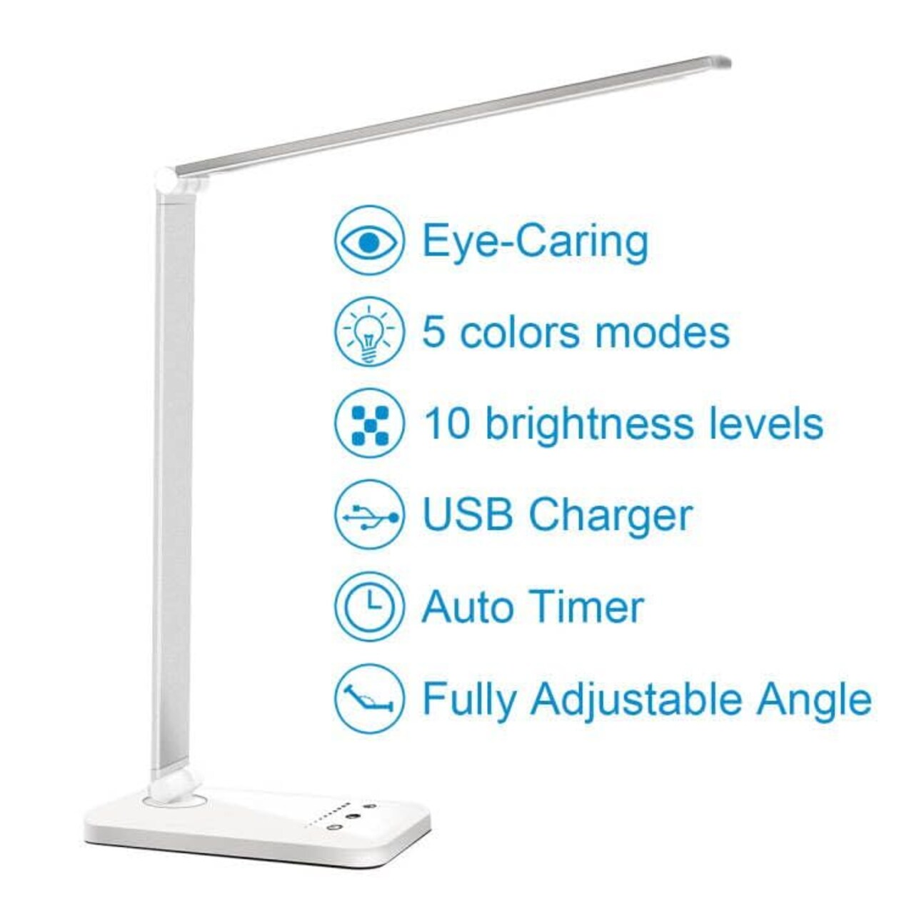LED Desk Lamp Dimmable Table Lamp Reading Lamp with USB Charging Port, 5 Lighting Modes, Sensitive Control, 30/60 Minutes Auto-Off Timer, Eye-Caring Office Lamp